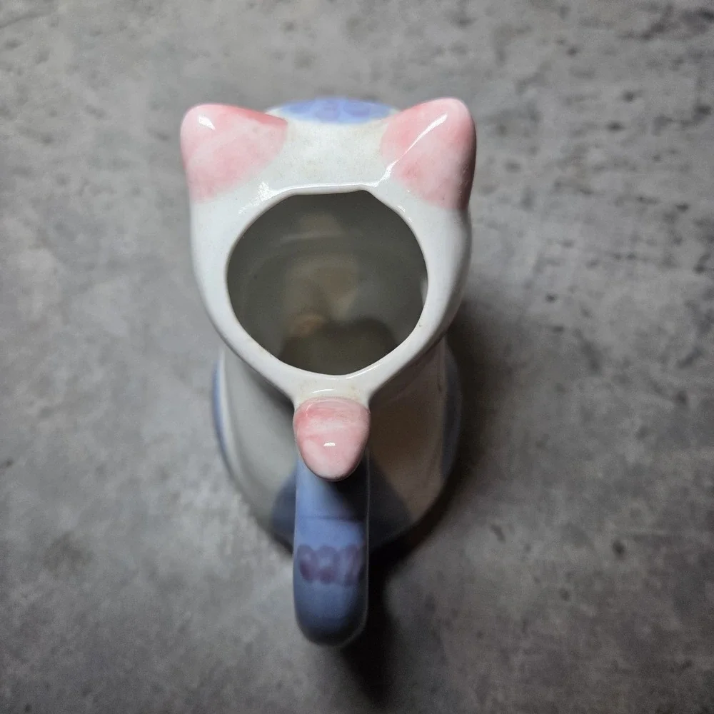 Vintage Handcrafted Thailand Ceramic Cat Creamer Pitcher Blue & Pink Kitty Cream